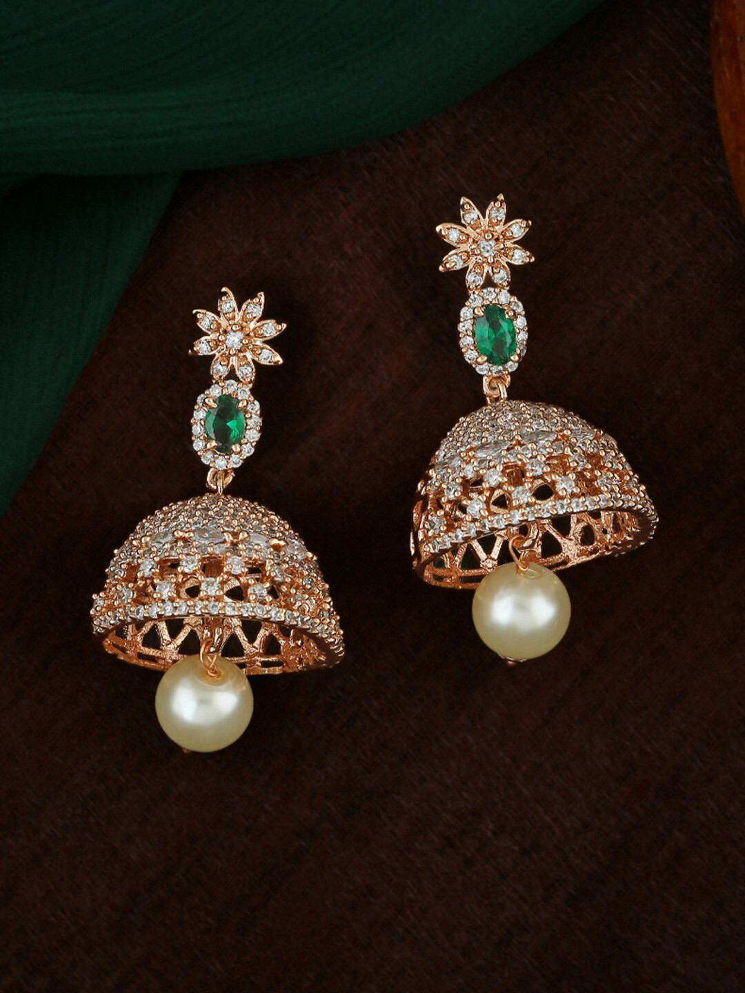 

Estele Rose Gold-Plated Floral Jhumkas Earrings, Green