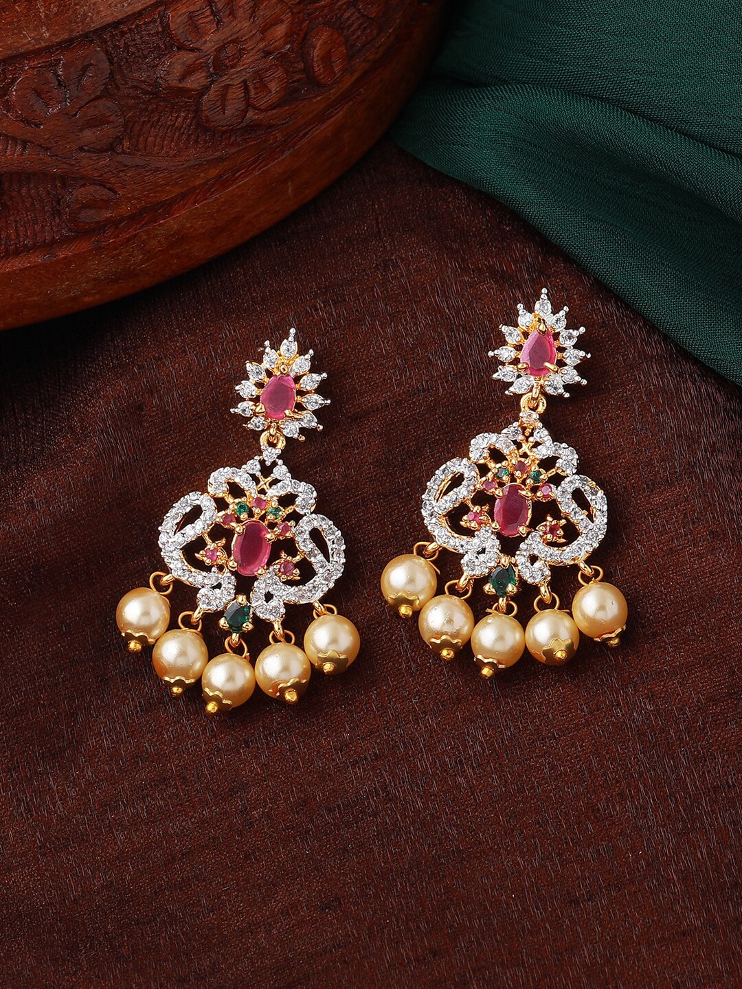 

Estele Gold-Plated Floral Chandbalis Earrings, Red