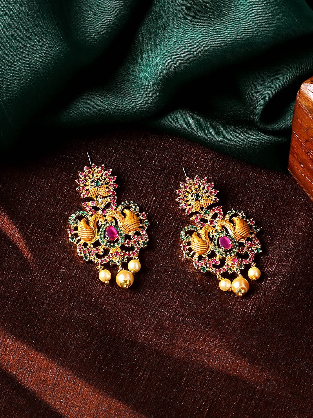 

Estele Gold-Plated Peacock Shaped Drop Earrings, Pink
