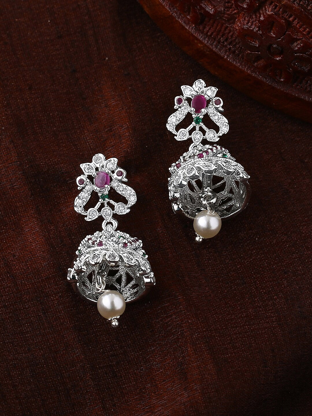 

Estele Peacock Shaped Jhumkas Earrings, Silver