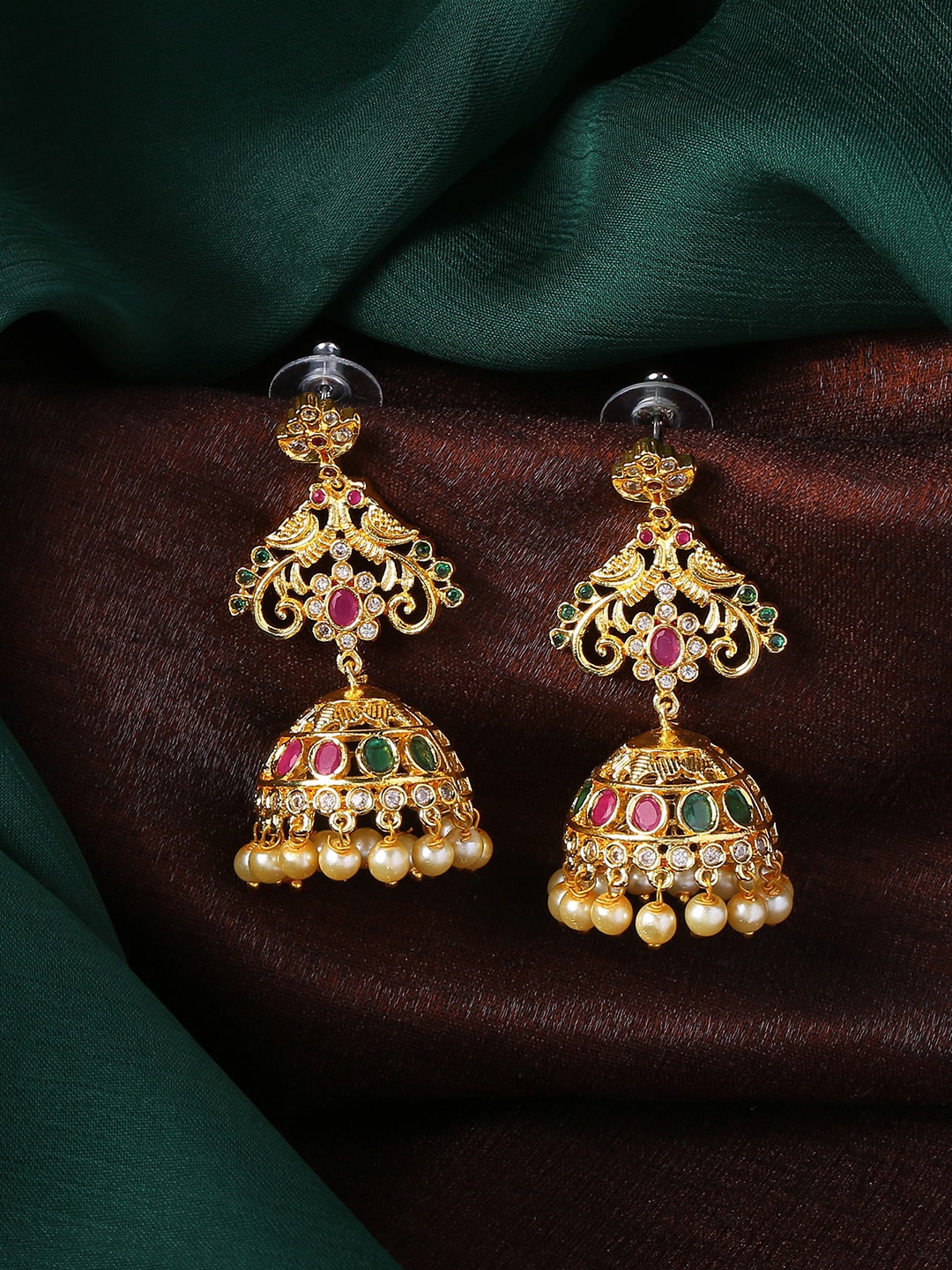 

Estele Gold-Plated Peacock Shaped Jhumkas Earrings, Pink