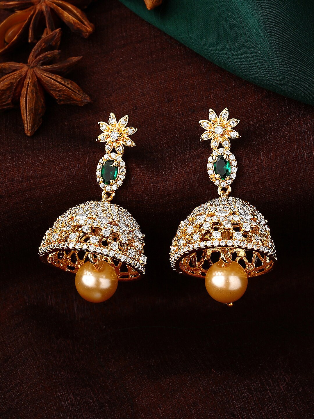 

Estele Gold-Plated Floral Jhumkas Earrings, Green