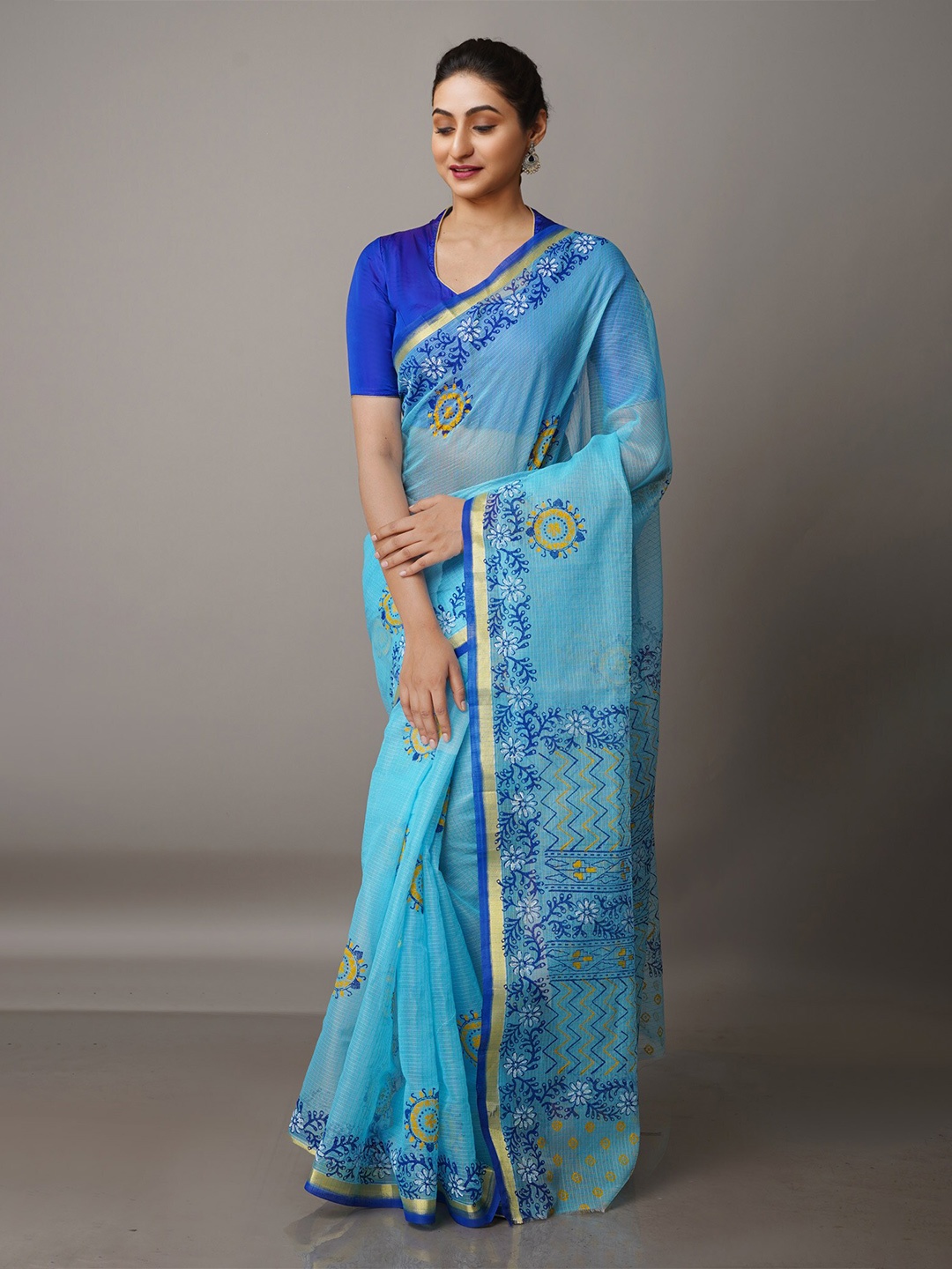 

Unnati Silks Ethnic Motifs Zari Pure Cotton Kota Saree, Blue