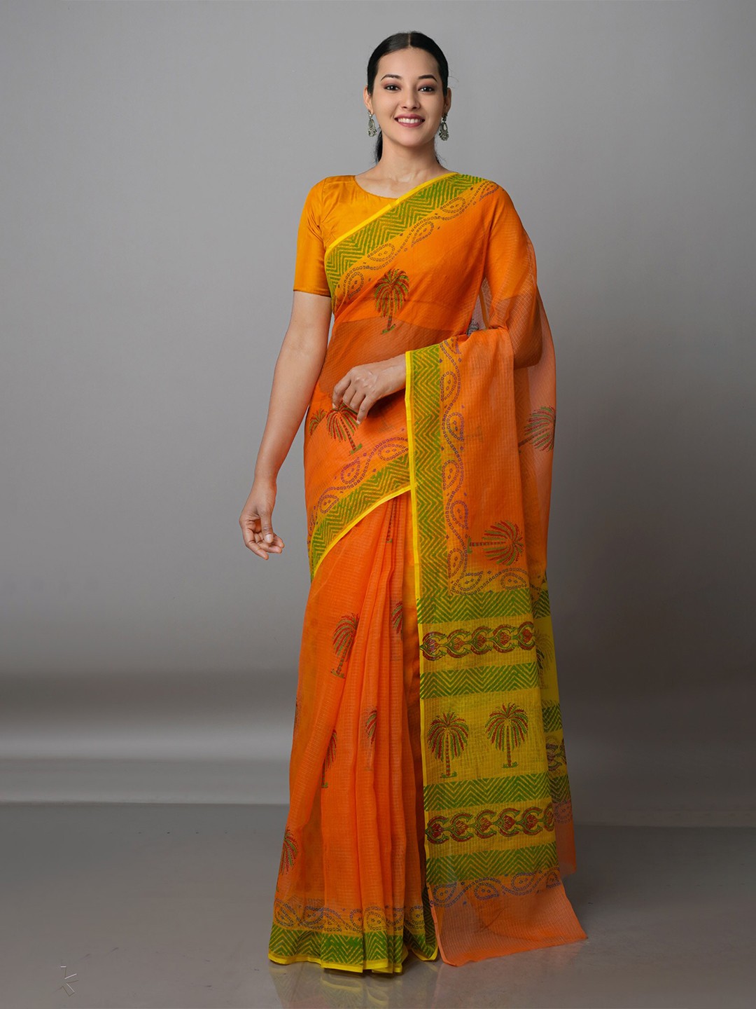 

Unnati Silks Orange & Green Ethnic Motifs Pure Cotton Kota Saree
