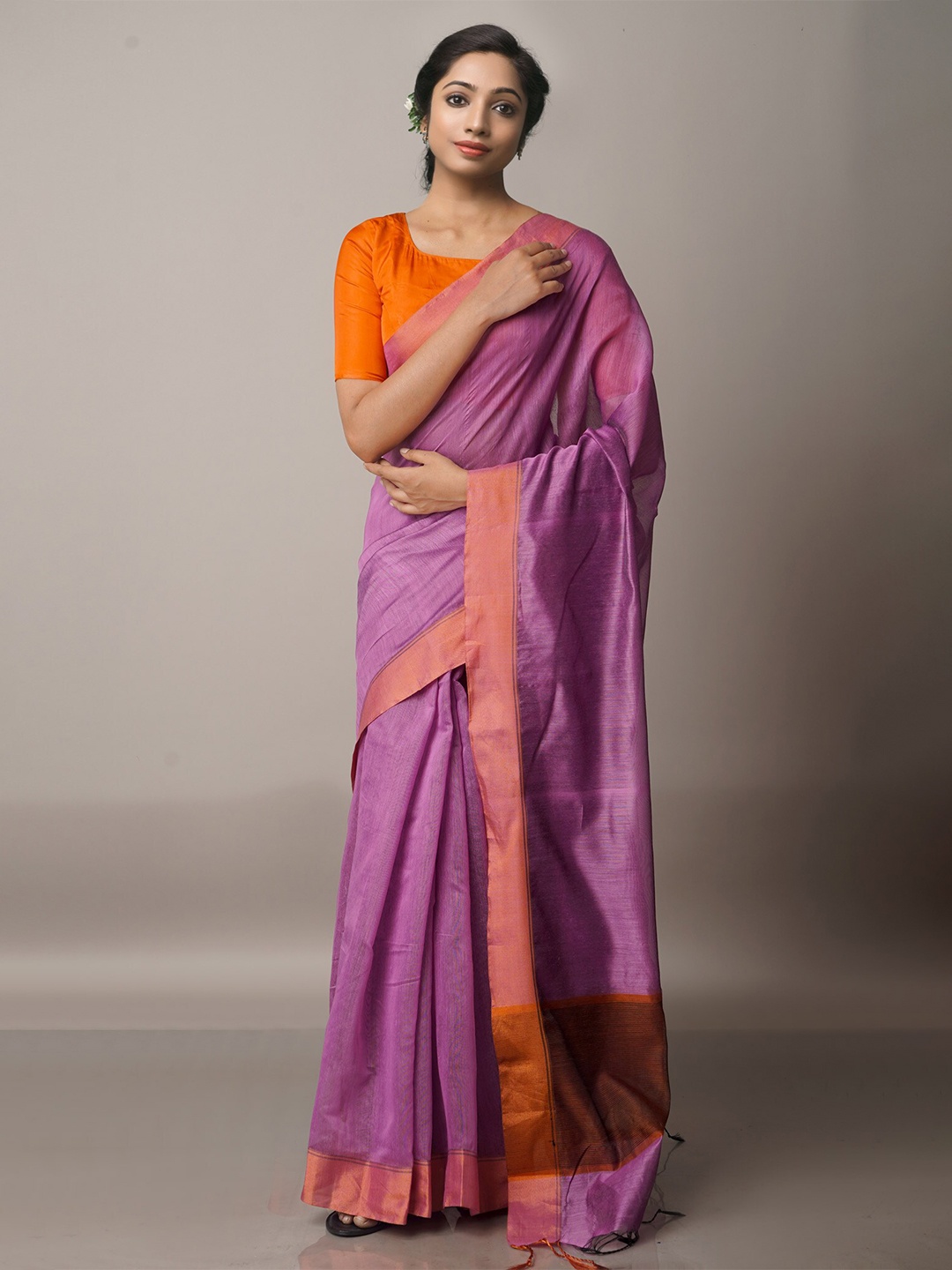 

Unnati Silks Pink & Copper-Toned Silk Cotton Chanderi Saree