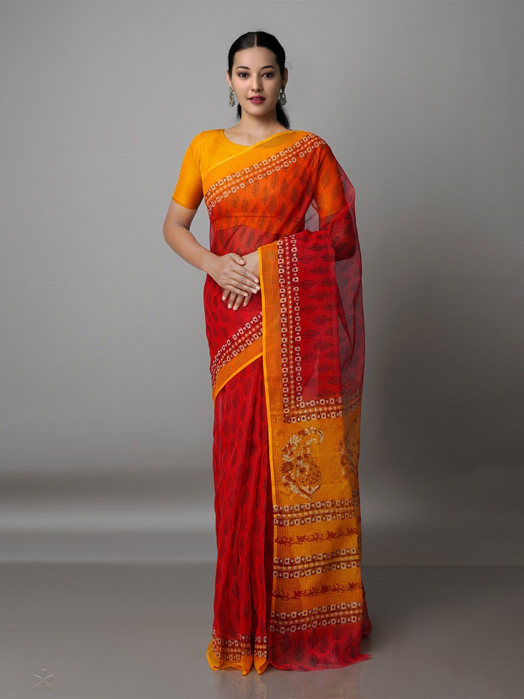 

Unnati Silks Red & Yellow Floral Pure Cotton Kota Saree