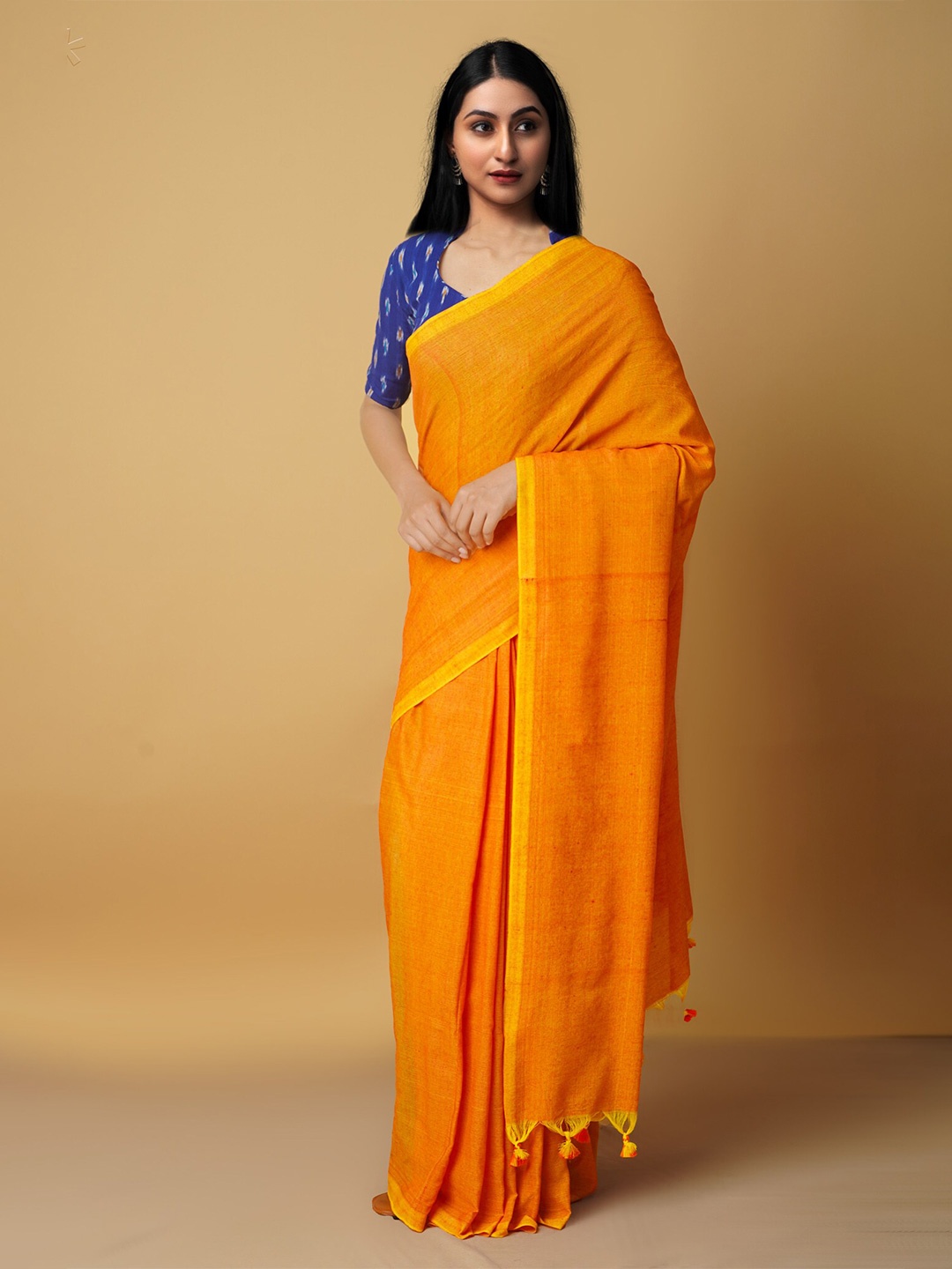 

Unnati Silks Orange & Yellow Pure Linen Jamdani Saree