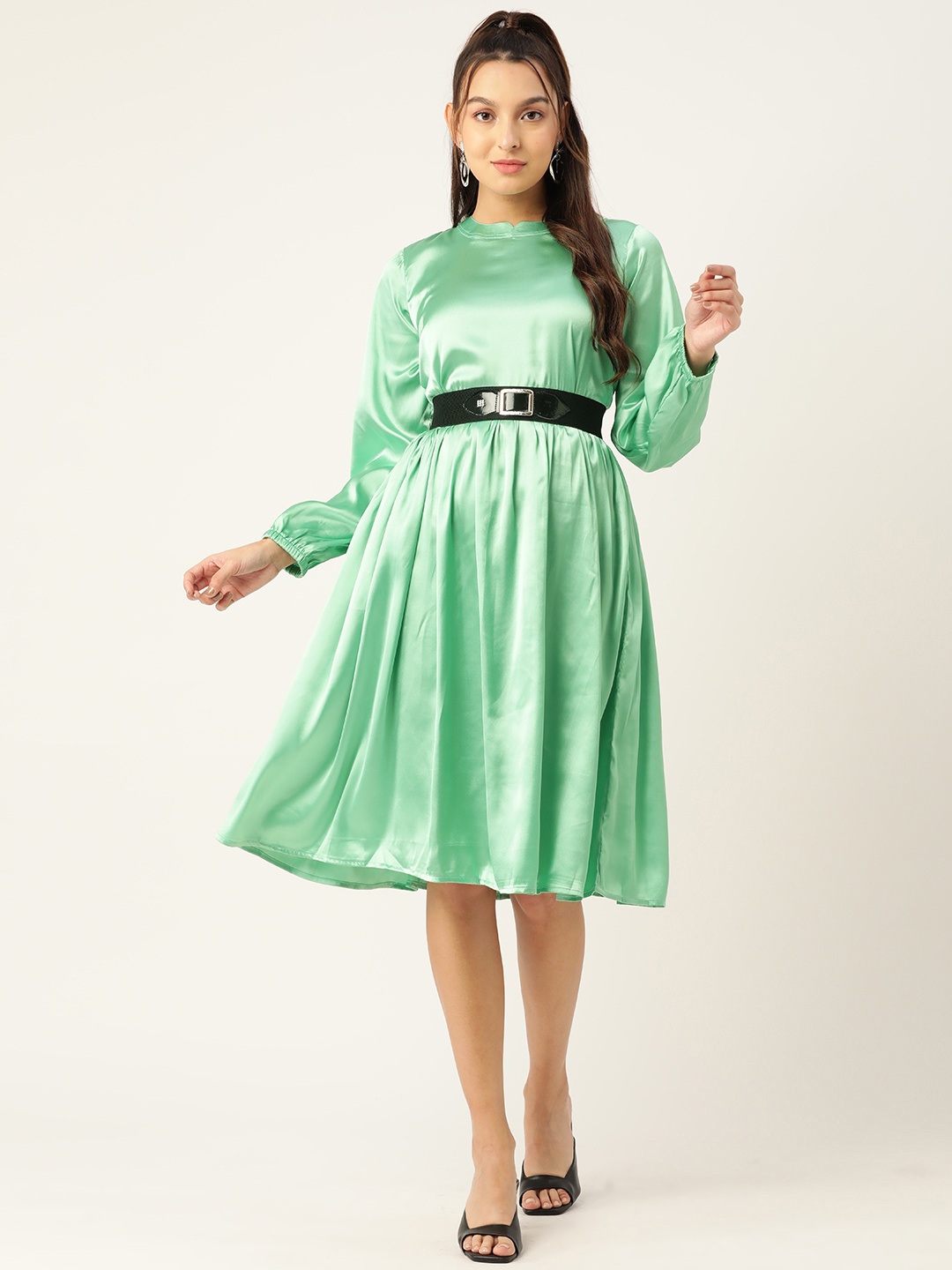 

JAINISH Mandarin Collar Puff Sleeves Satin Dress with Belt, Green