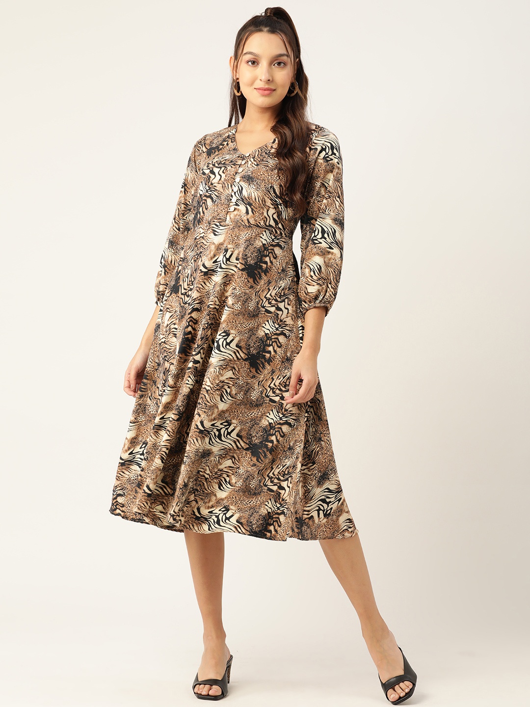 

JAINISH Animal Print Puff Sleeves Crepe Midi Dress, Brown