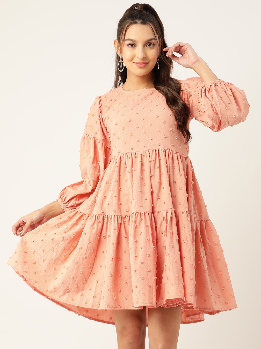 

JAINISH Georgette Dobby Puff Sleeves Tiered Dress, Peach