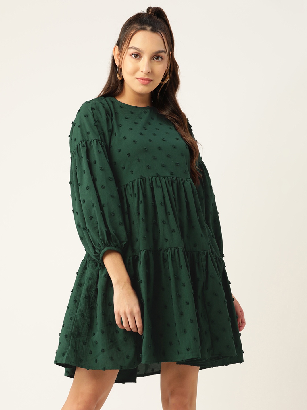 

JAINISH Georgette Puff Sleeves Tiered Dress, Green