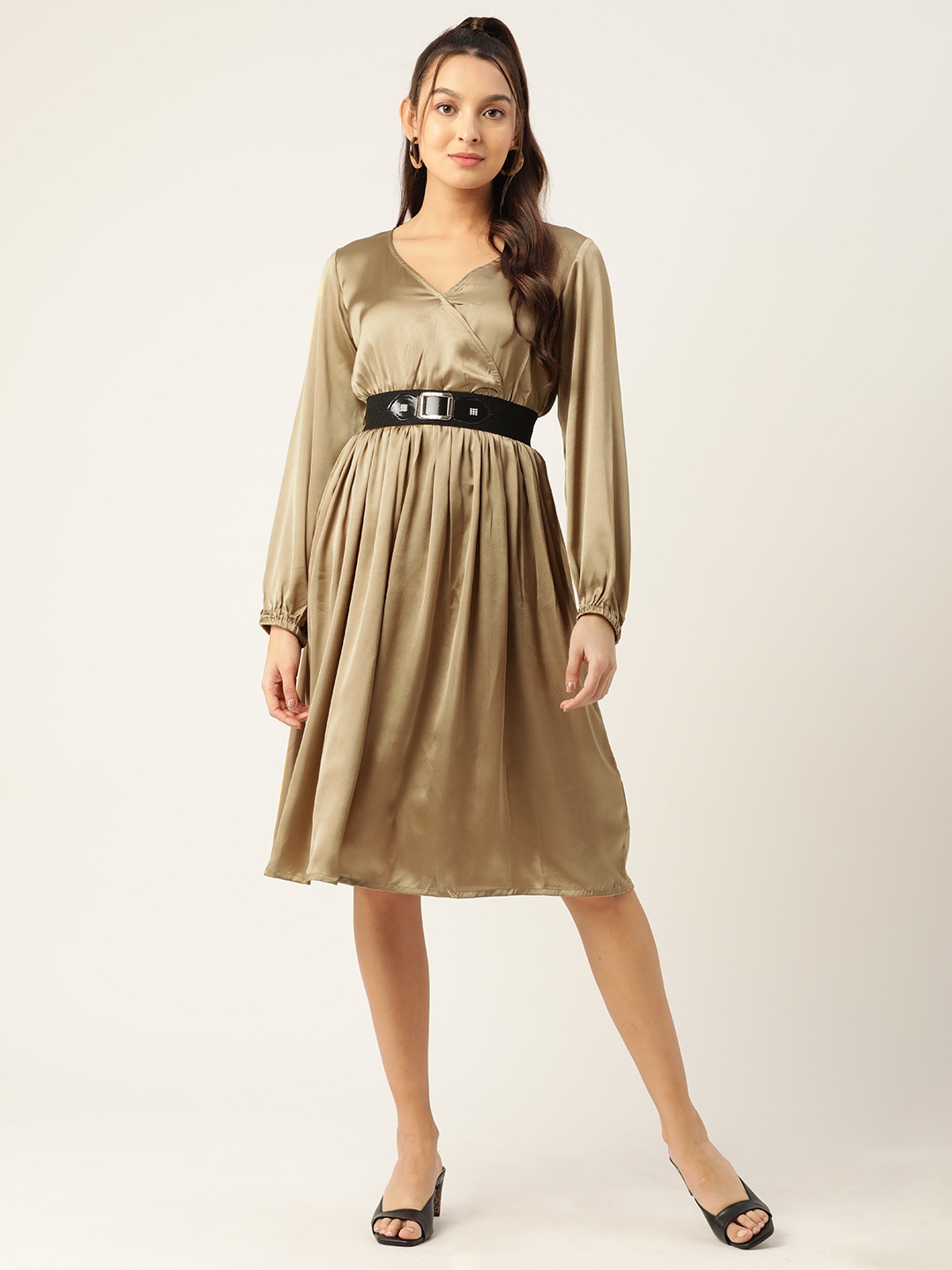 

JAINISH Puff Sleeves Satin Dress with Belt, Gold