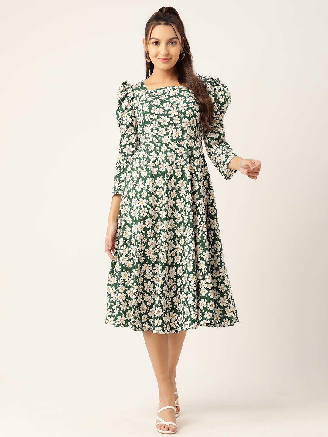 

JAINISH Floral Print Puff Sleeves Crepe Midi Dress, Green