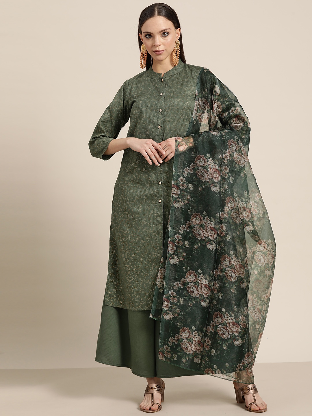 

Jompers Women Floral Embroidered Mukaish Kurta with Palazzos & Dupatta, Olive