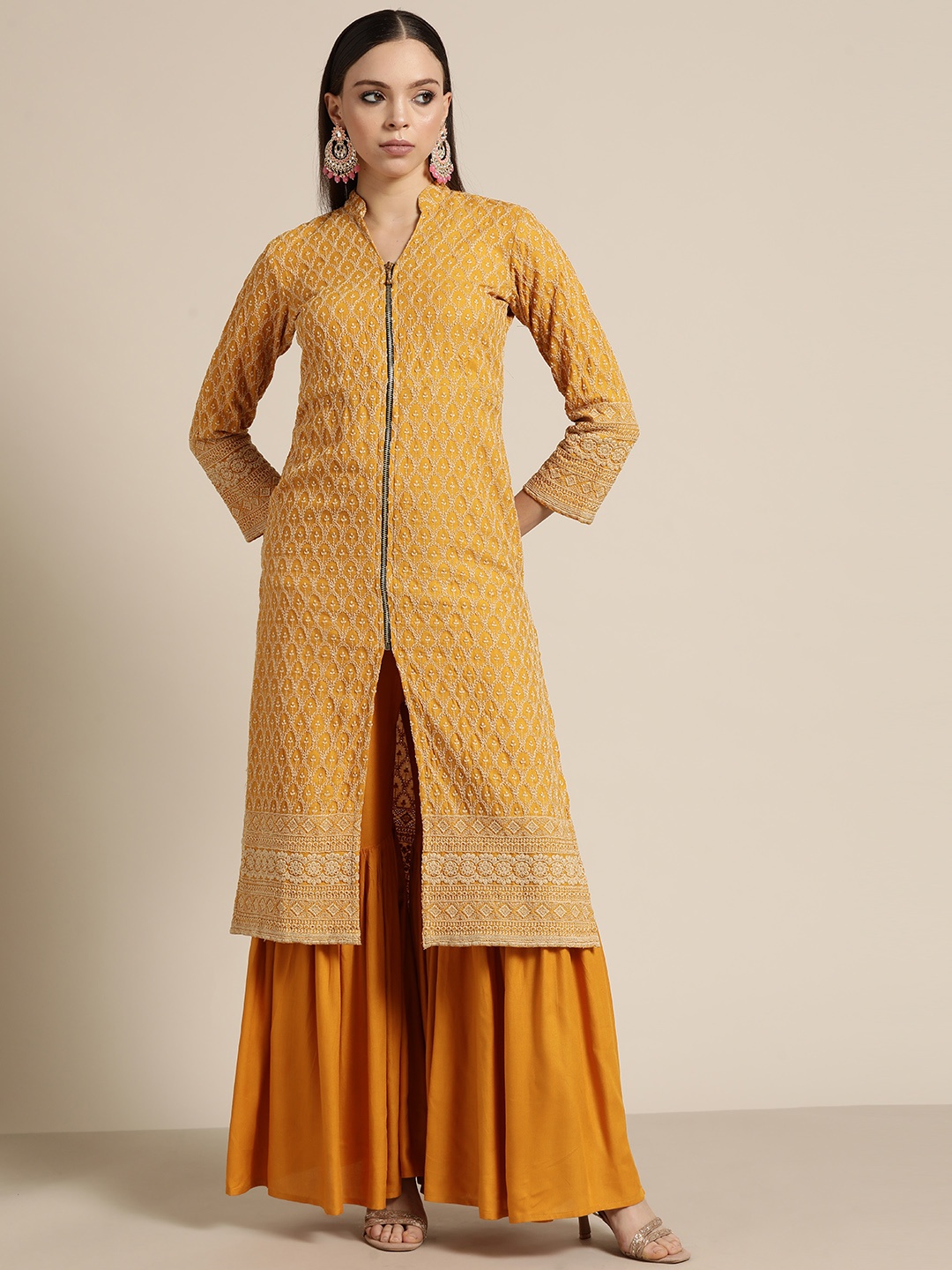 

Jompers Women Embroidered Chikankari Kurta with Sharara, Mustard