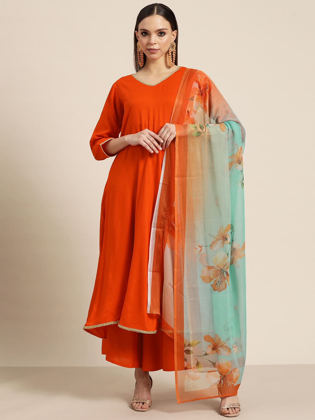 

Jompers Women Gotta Patti Kurta With Palazzos & With Dupatta, Orange