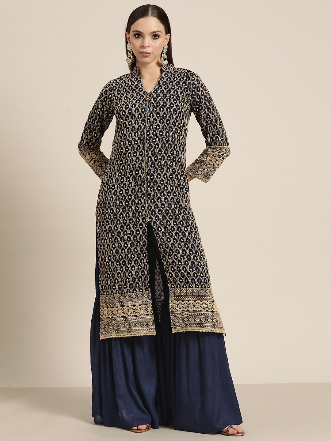 

Jompers Women Ethnic Motifs Embroidered Chikankari Kurta With Sharara, Navy blue