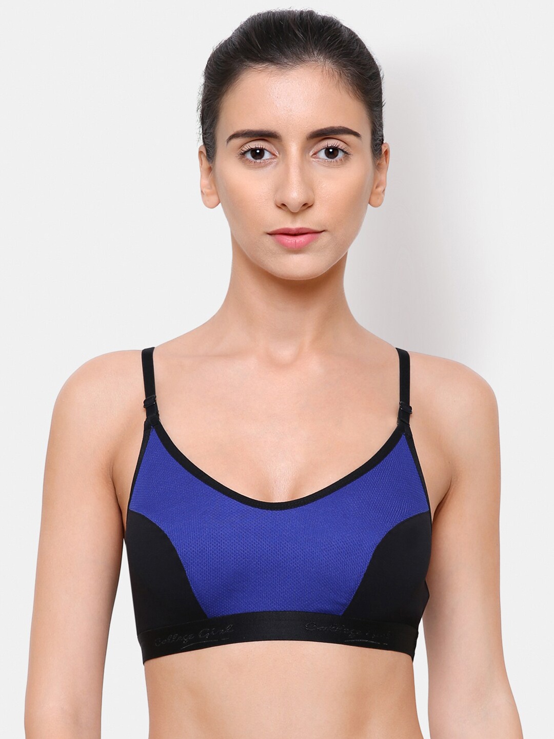 

College Girl Colourblocked Cotton Non Padded Workout Bra, Navy blue