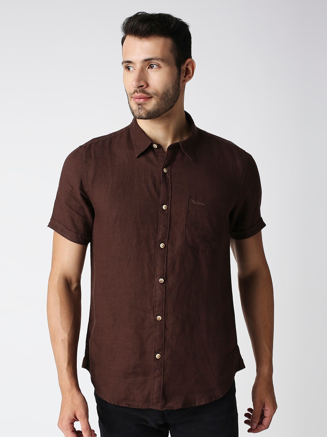 

Pepe Jeans Men Regular Fit Pure Linen Casual Shirt, Brown