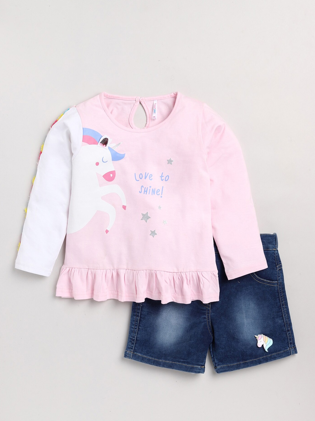 

Toonyport Kids Printed Cotton Top with Denim Shorts Set, Pink