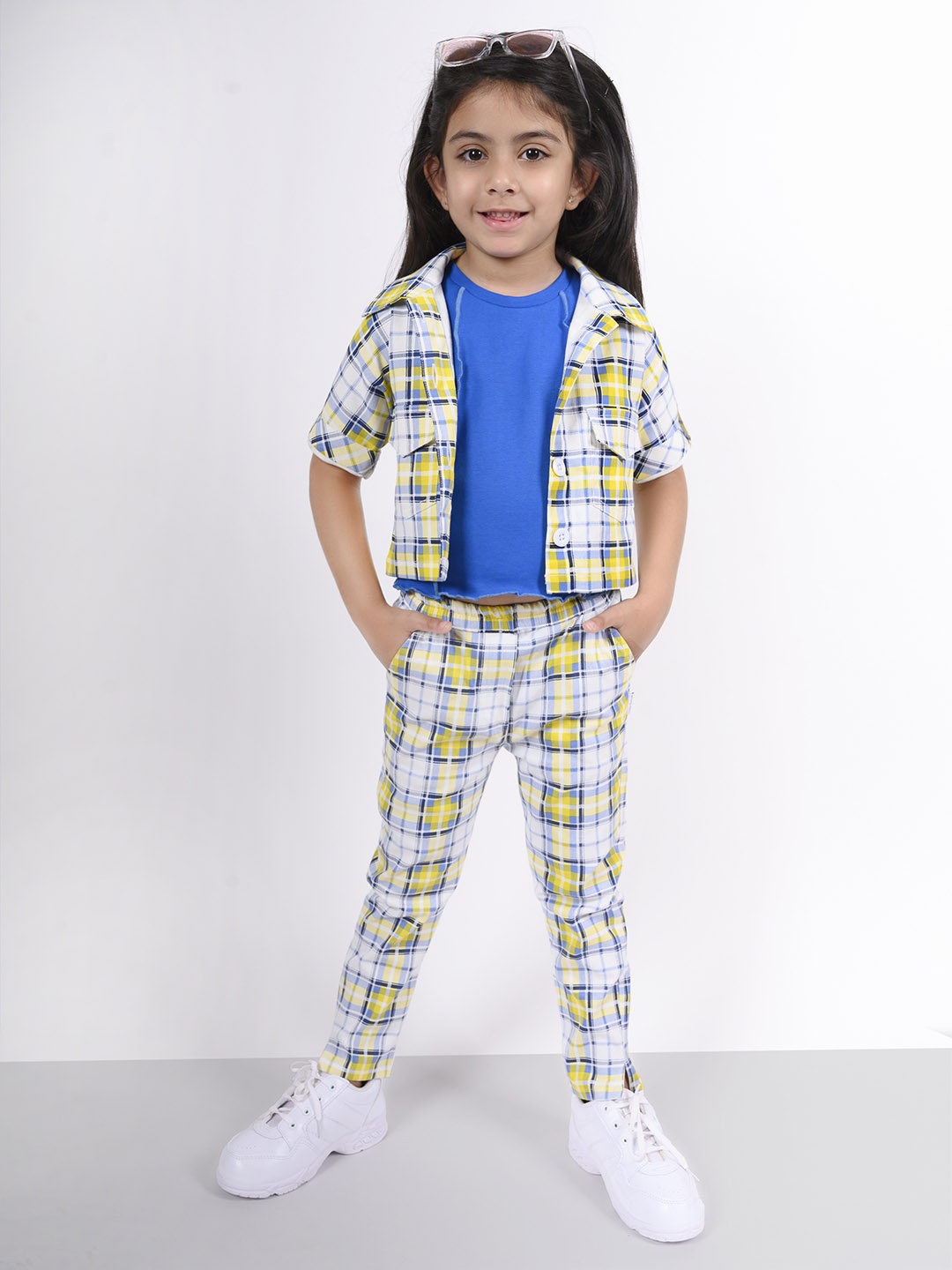 

Little Carrot Girls Checked Shirt with Trouser, White