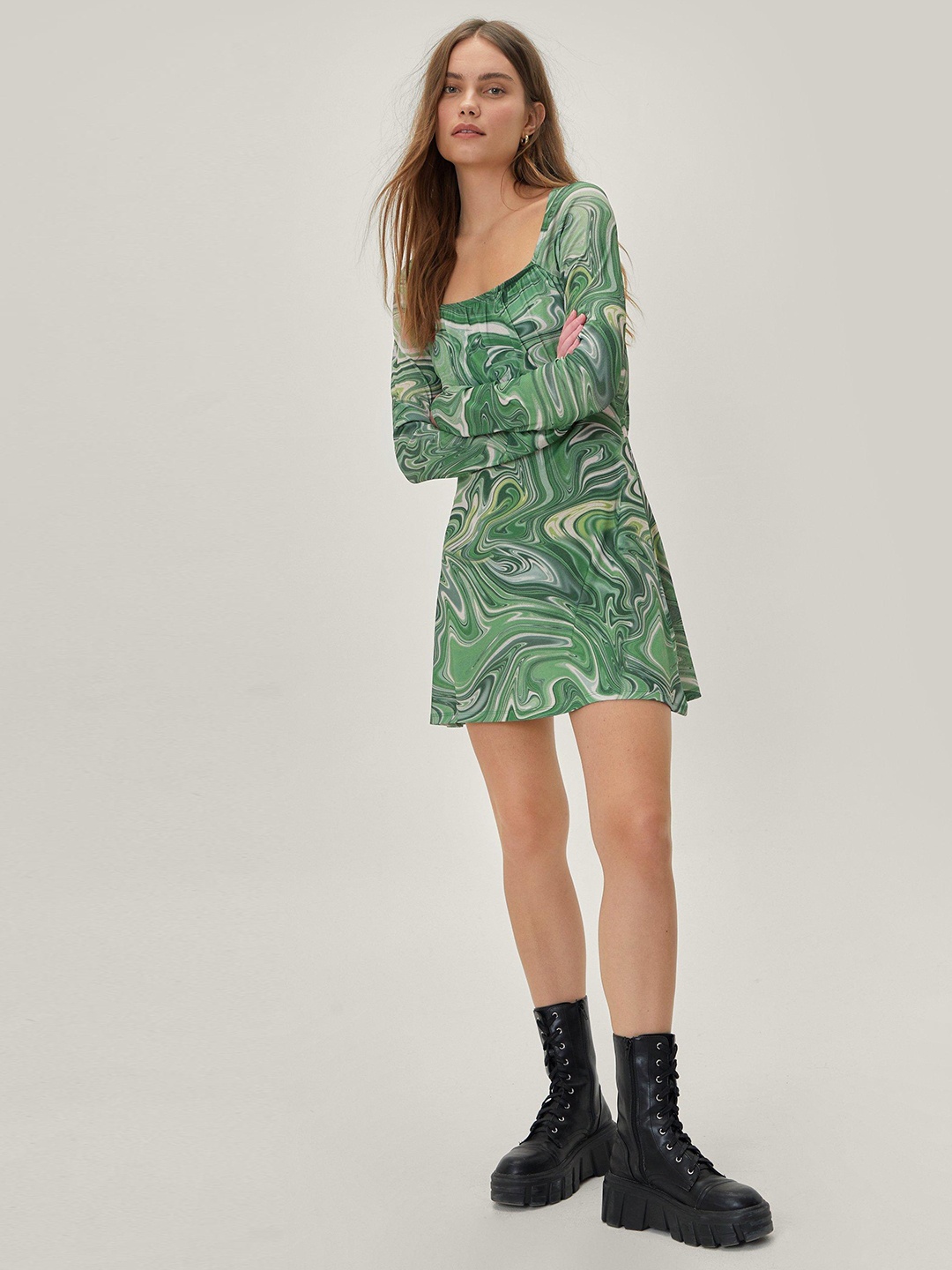 

NASTY GAL Marble Print Empire Mini Dress, Green