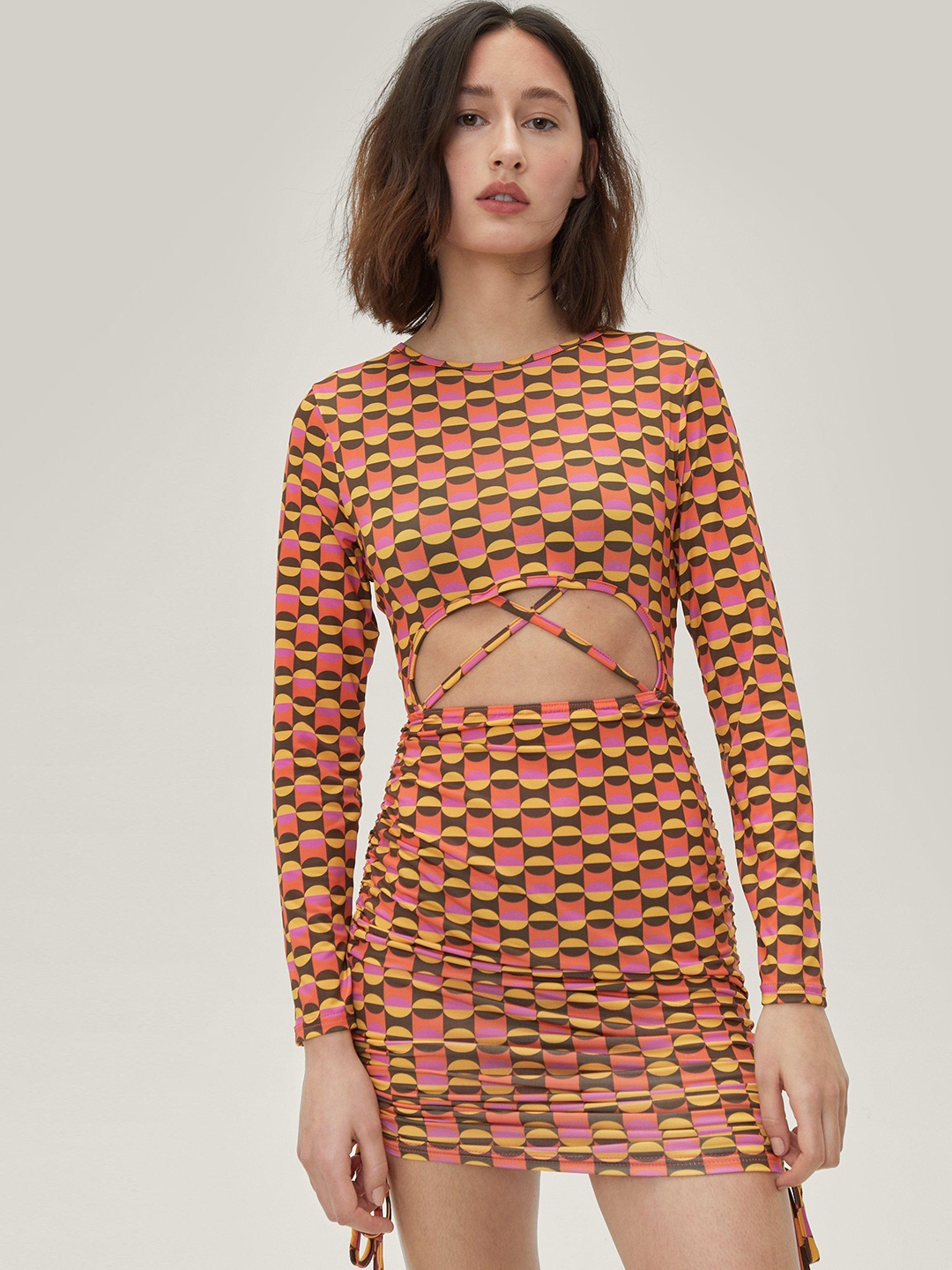 

NASTY GAL Cut Out Detail Geometric Print Bodycon Mini Dress, Coffee brown