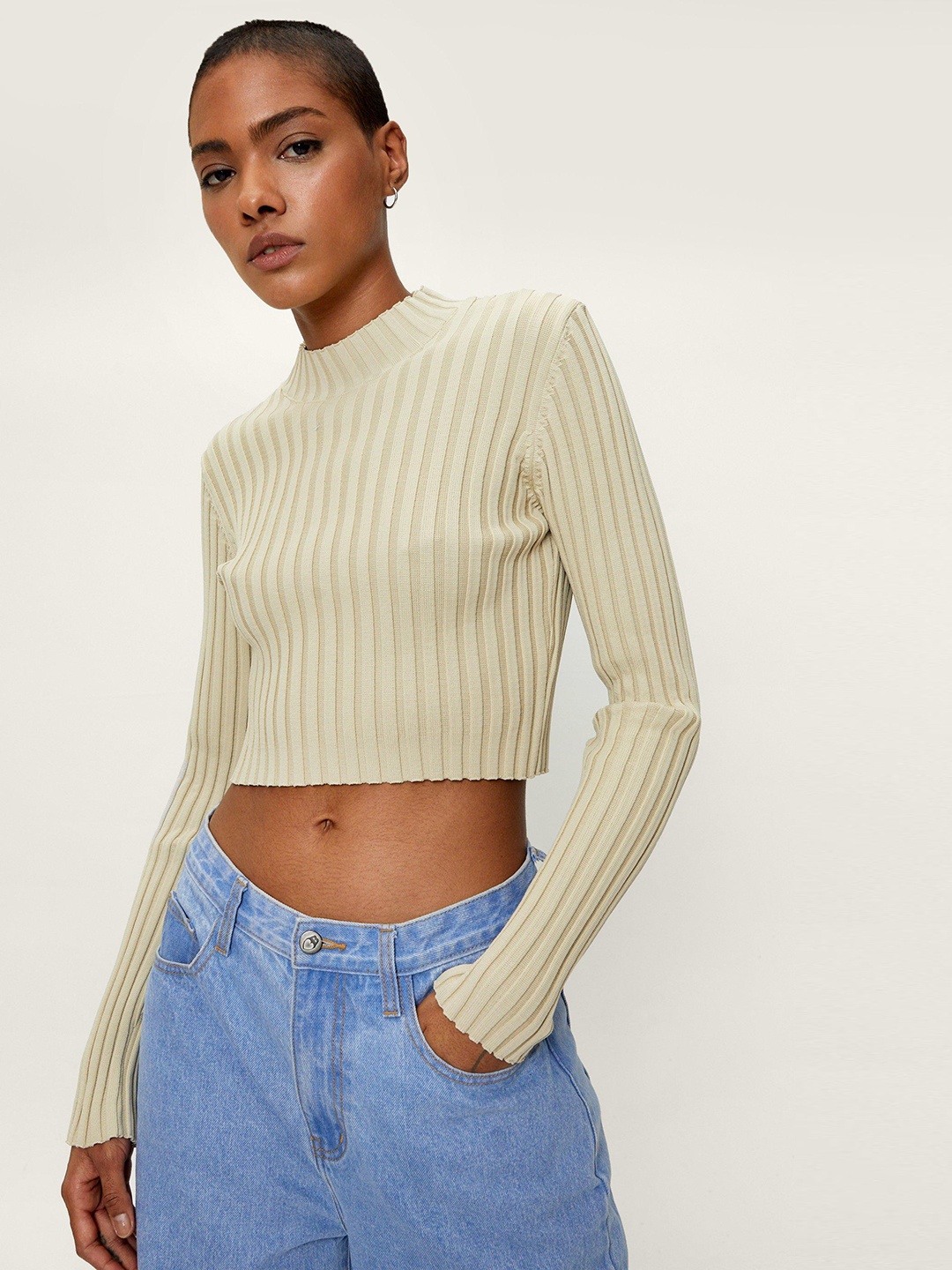 

NASTY GAL Women Ribbed Crop Pullover, Beige