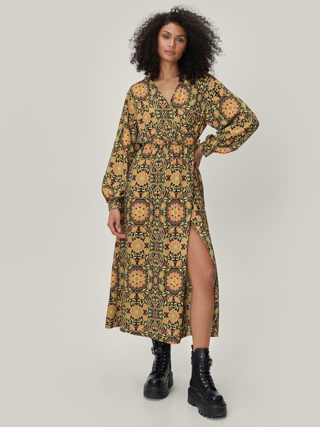 

NASTY GAL Ethnic Print Midi Wrap Dress, Black