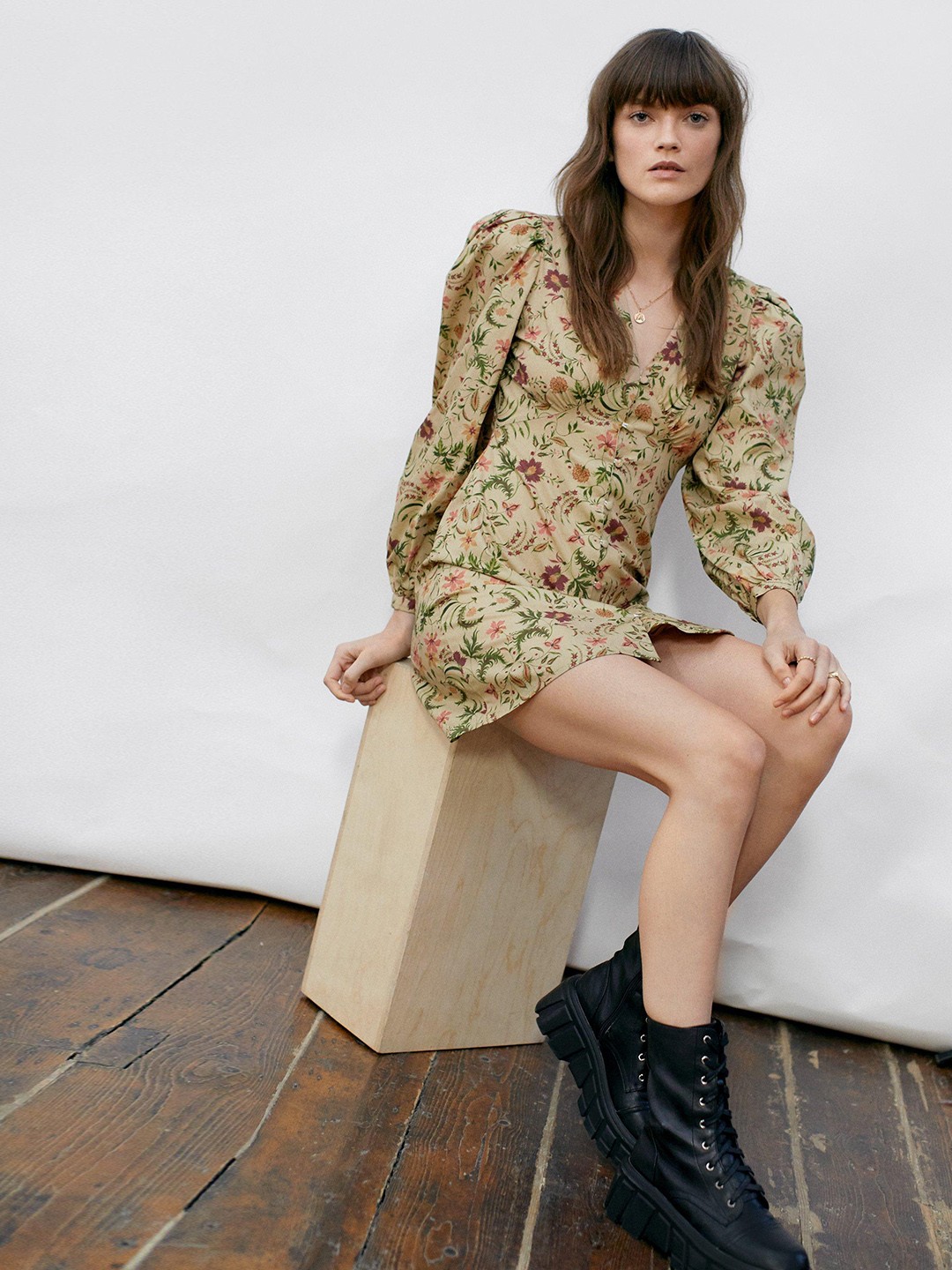 

NASTY GAL Floral Print Button Down Puff Sleeve Mini Dress, Beige