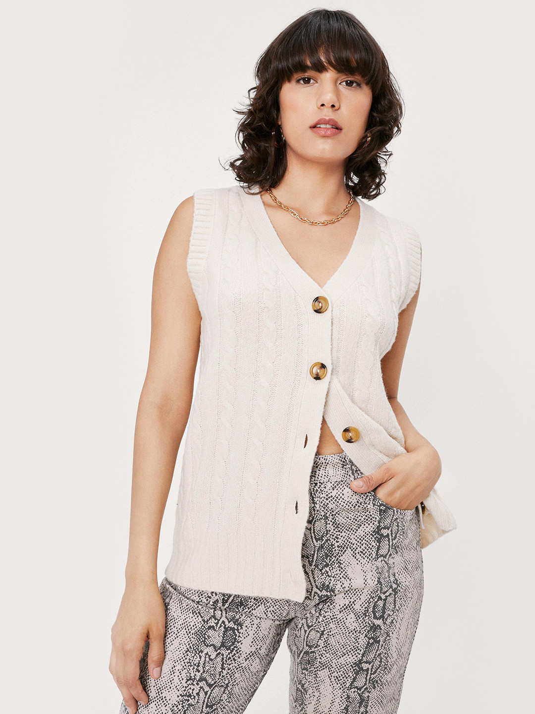 

NASTY GAL Women Cable Knit Cardigan, White