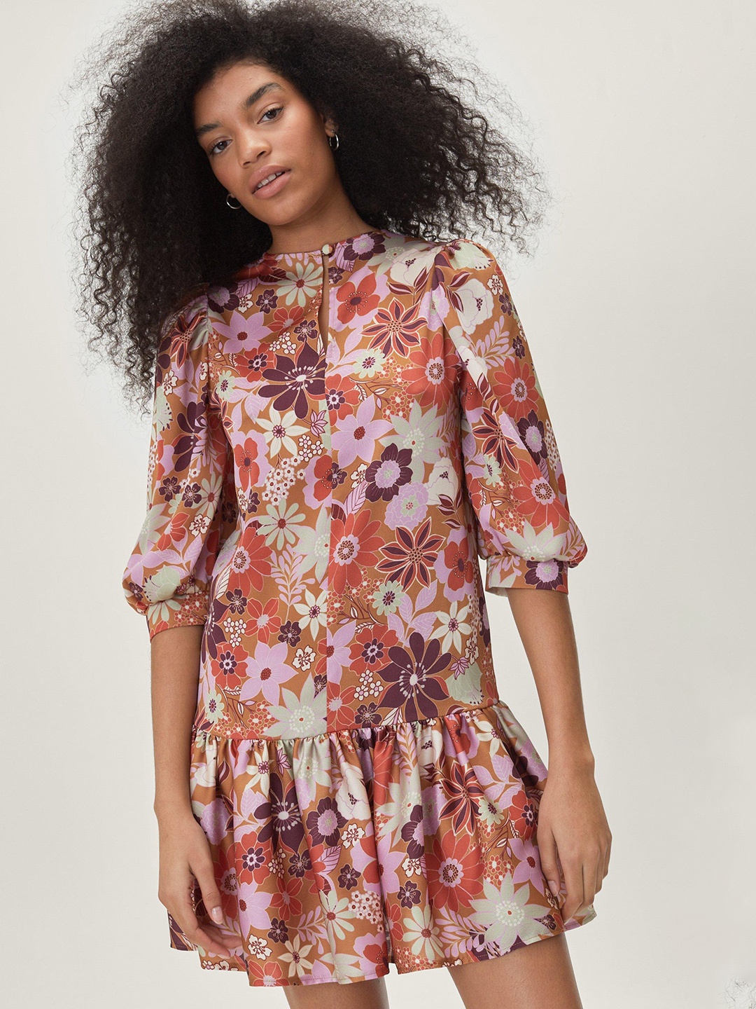 

NASTY GAL Floral Print High Neck Flounce Hem A-Line Dress, Rust