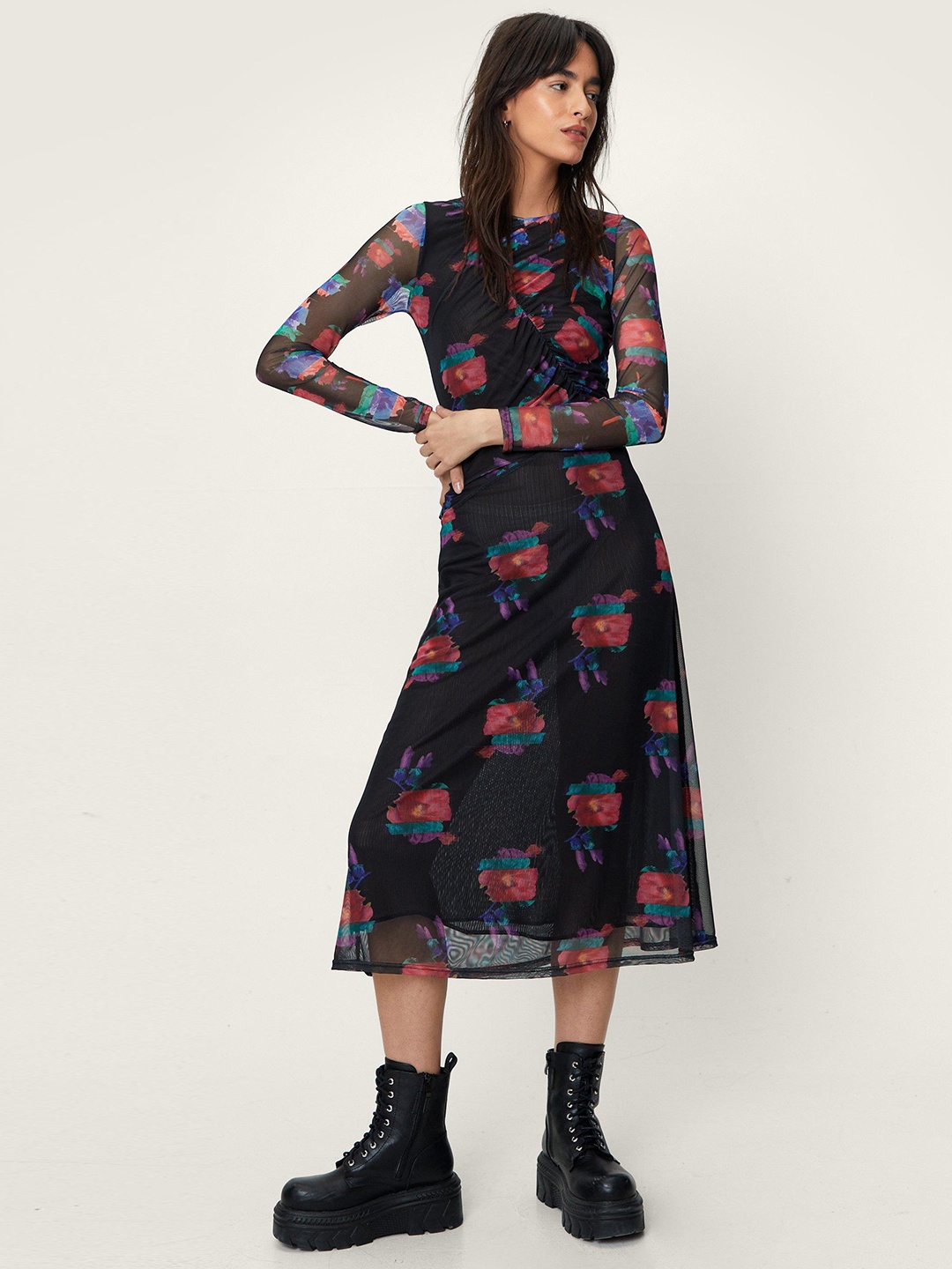 

NASTY GAL Floral Print Ruched A-Line Midi Dress, Black