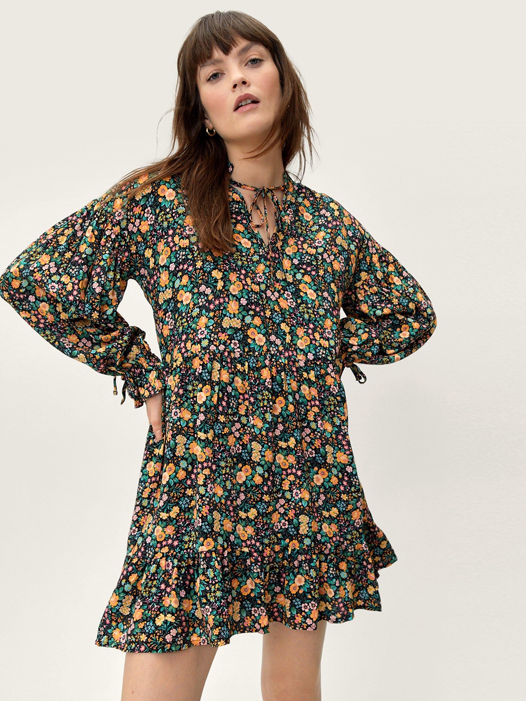 

NASTY GAL Floral Print Tie-Up Neck A-Line Mini Dress, Black