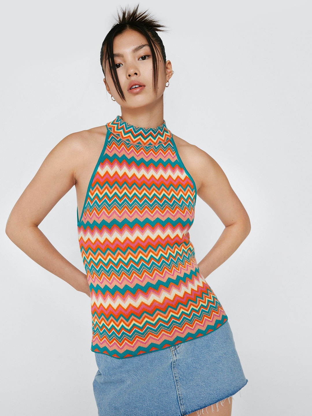 

NASTY GAL Chevron Print Mandarin Collar Knitted Top, Sea green