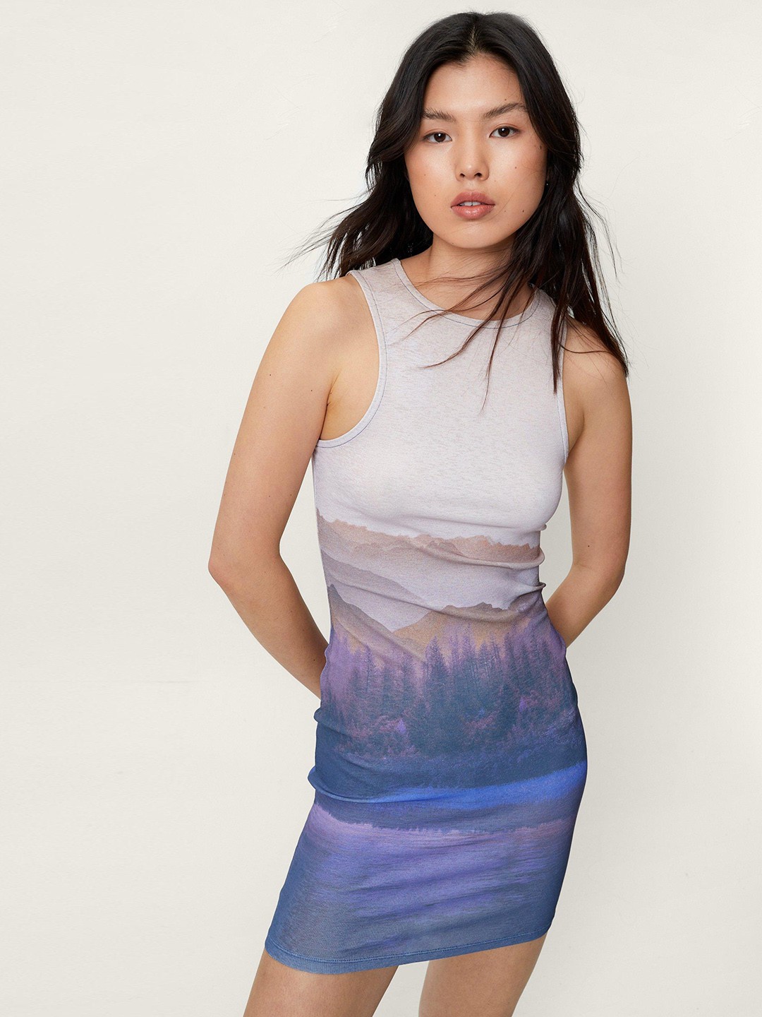 

NASTY GAL Graphic Printed Pure Cotton Bodycon Mini Dress, Grey
