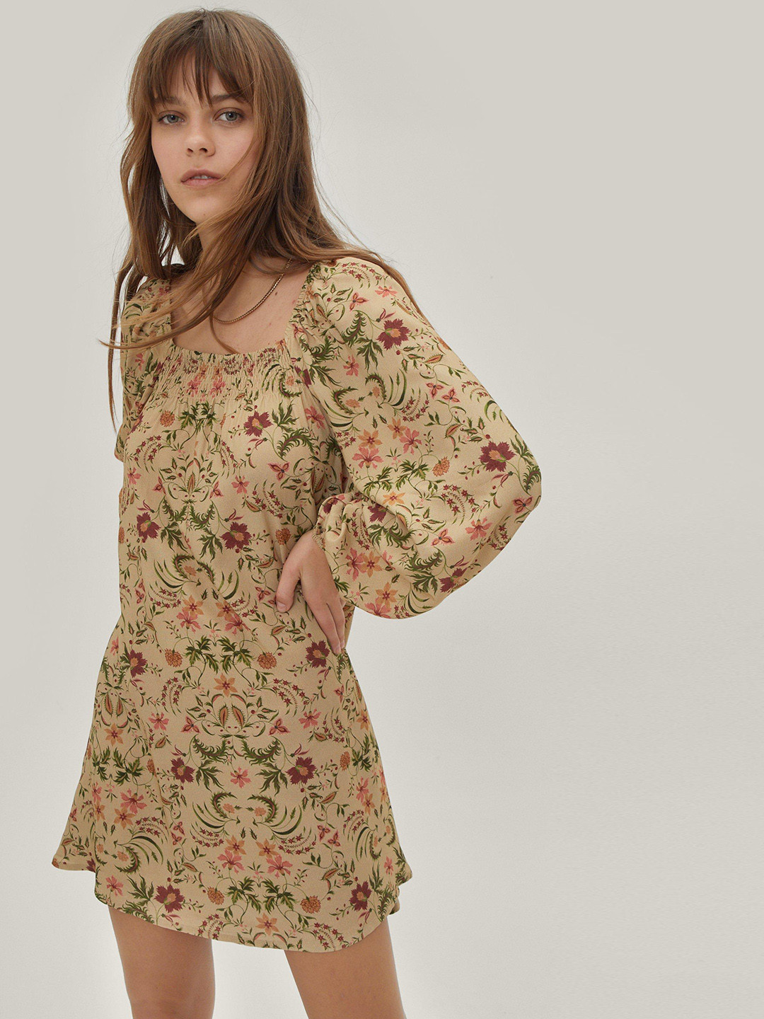 

NASTY GAL Floral Print Square Neck A-Line Mini Dress, Beige
