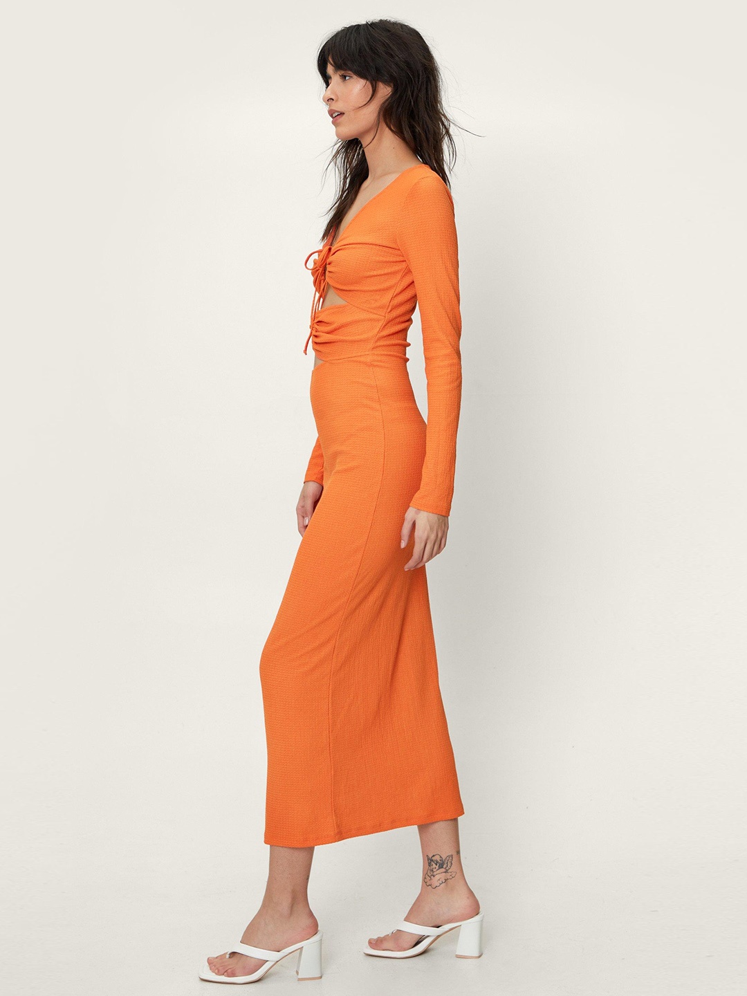 

NASTY GAL Ruched Tie-Up Neck Bodycon Midi Dress, Orange