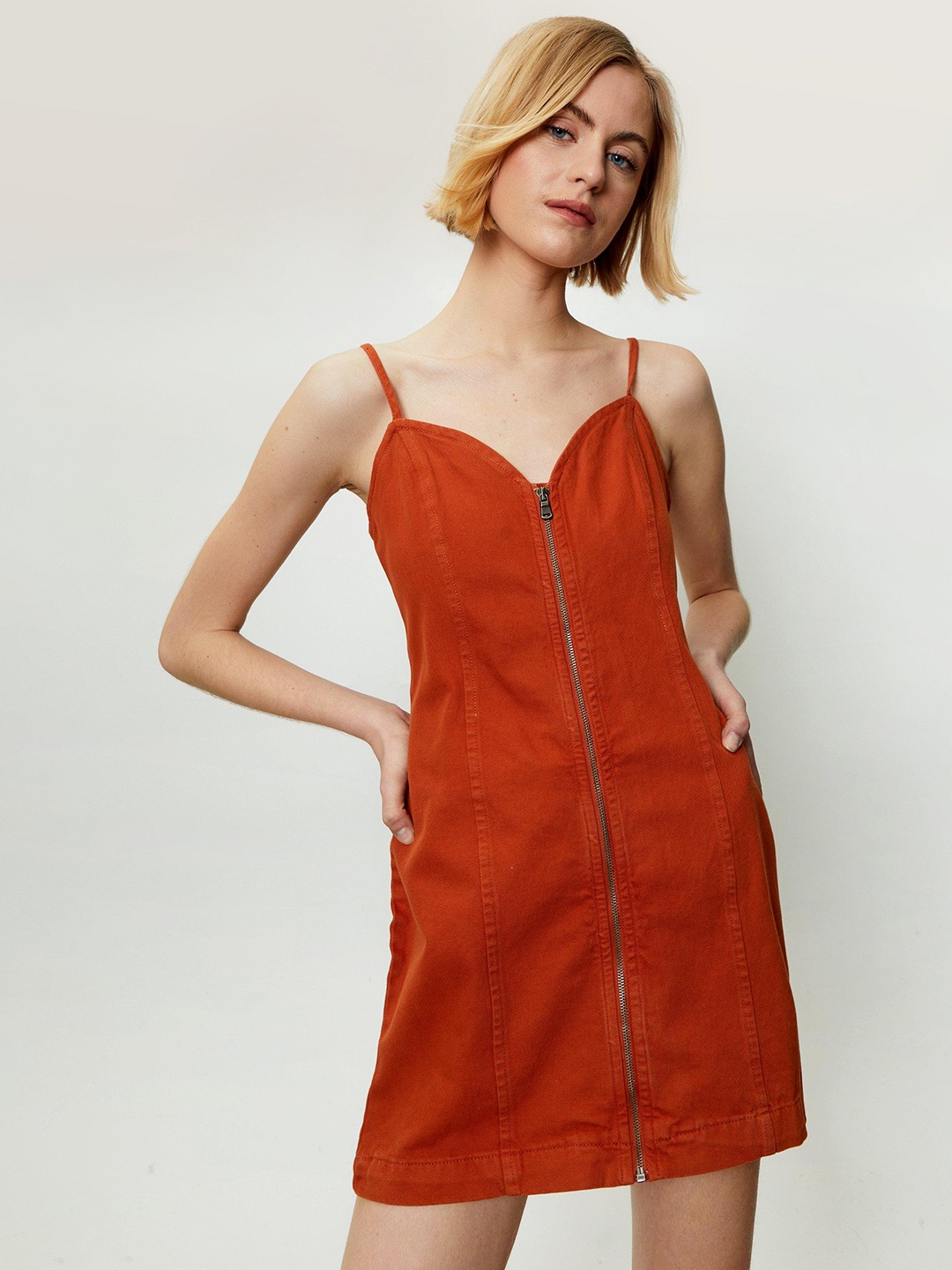 

NASTY GAL Zip Through Sheath Pure Cotton Denim Midi Dress, Rust