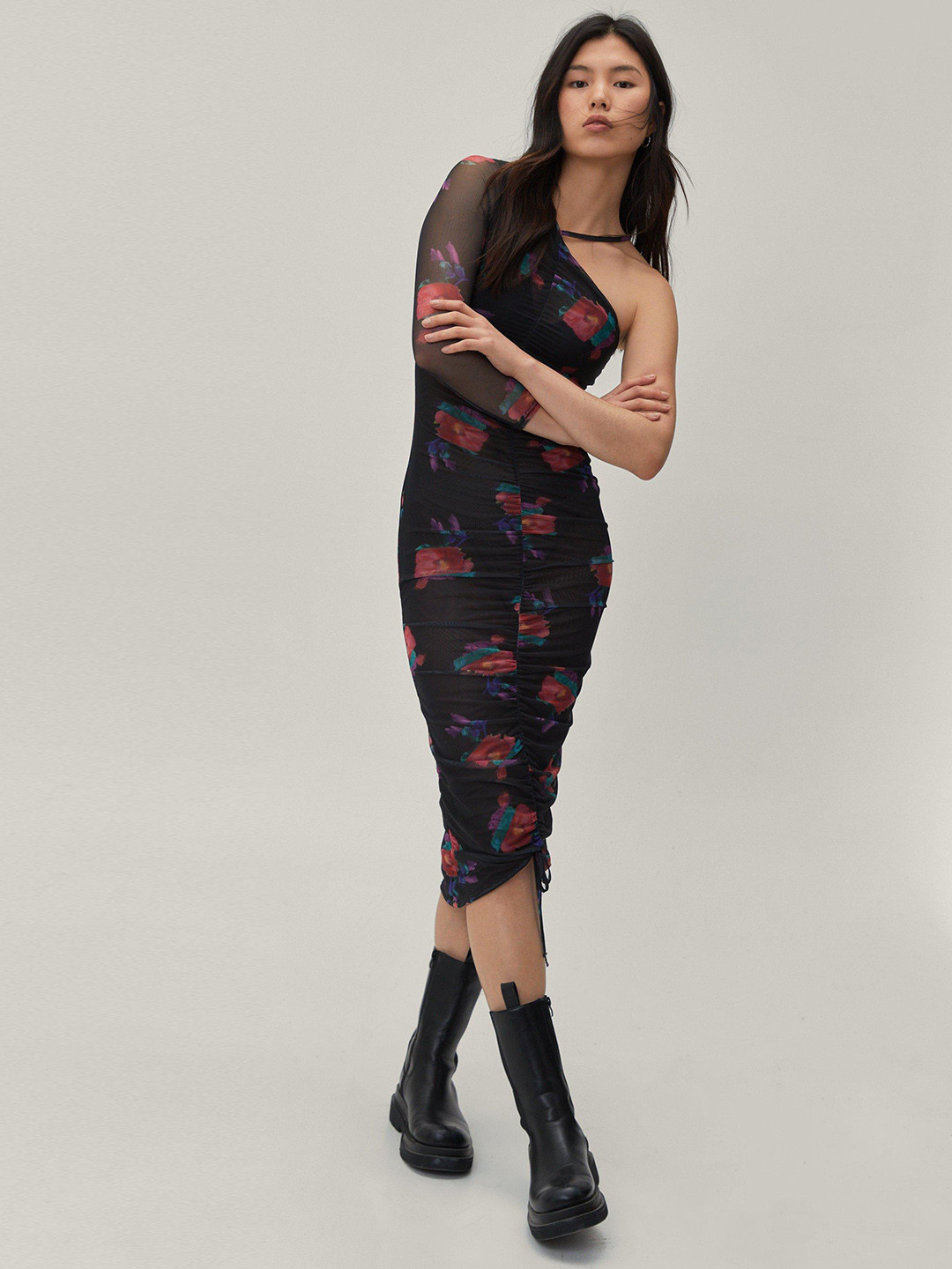 

NASTY GAL Floral One Shoulder Bodycon Ruched Midi Dress, Black