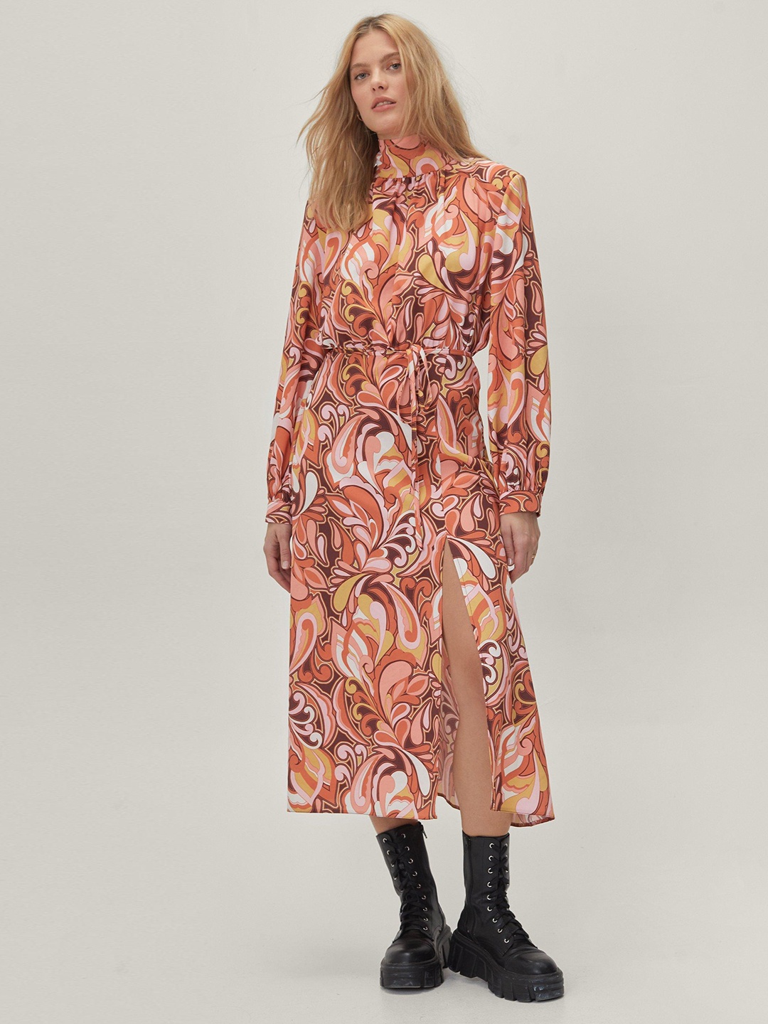 

NASTY GAL Ethnic Printed High Neck A-Line Midi Dress, Peach