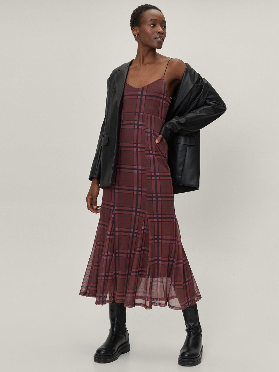 

NASTY GAL Checked Shoulder Straps A-Line Midi Dress, Mauve