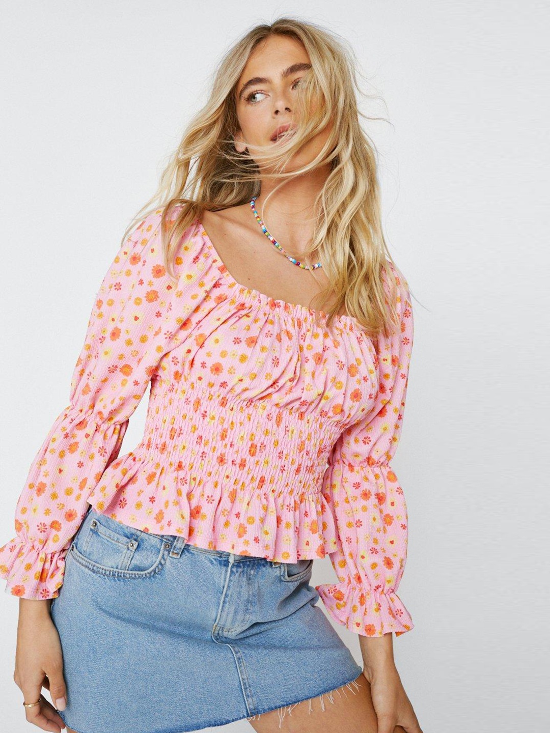 

NASTY GAL Floral Print Smocked Cinched Waist Top, Pink