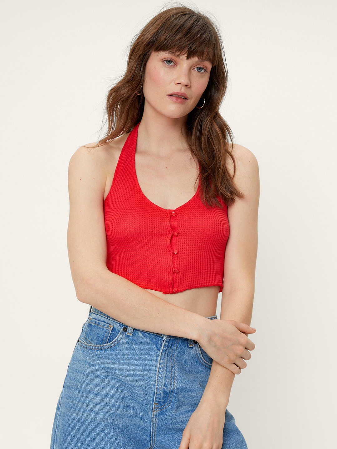 

NASTY GAL Ribbed Halter Neck Crop Top, Red