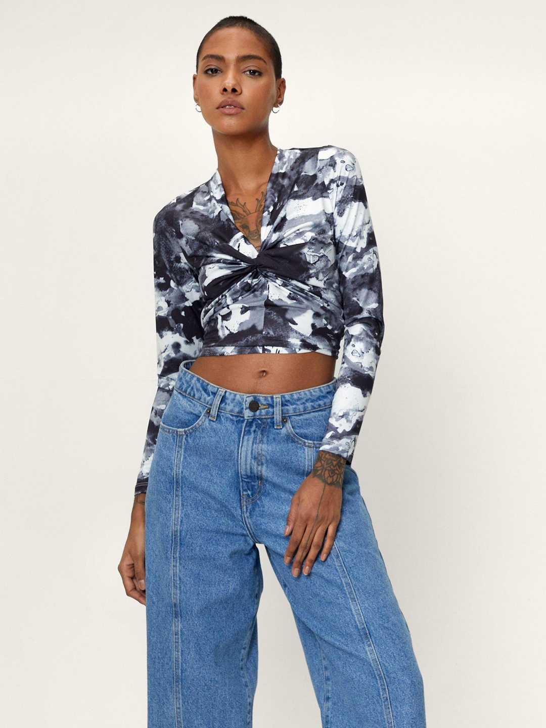 

NASTY GAL Printed Ruched Crop Top, Charcoal