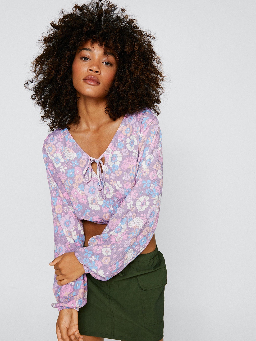 

NASTY GAL Floral Print Tie-Up Neck Blouson Crop Top, Lavender
