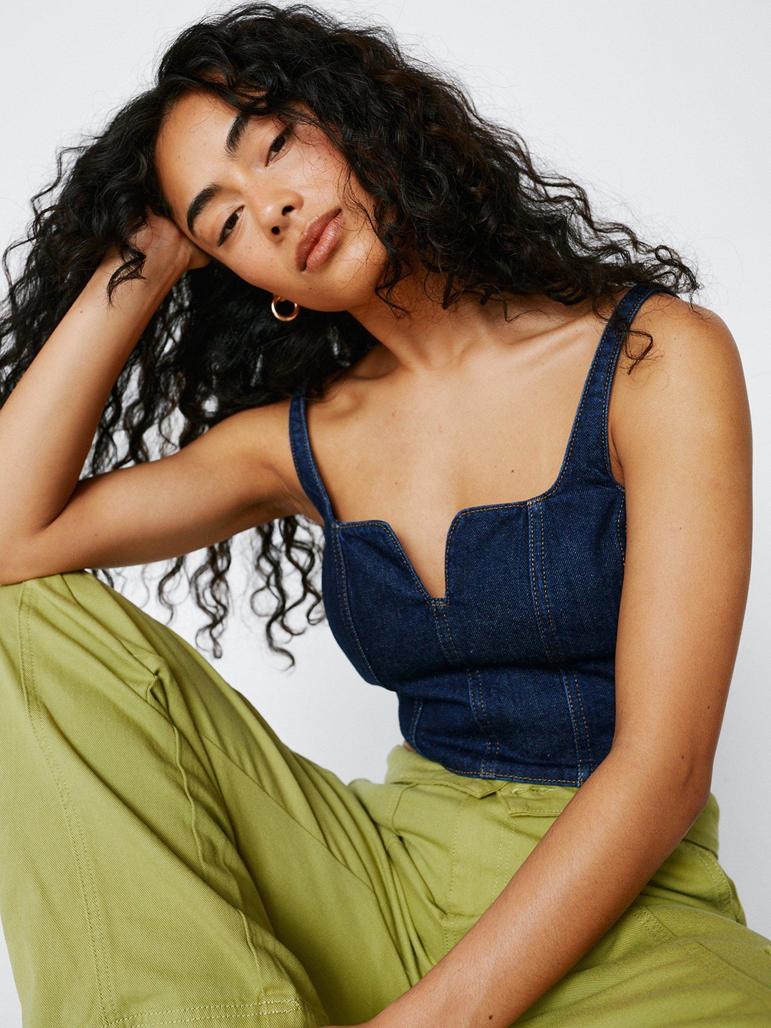 

NASTY GAL Cotton Denim Crop Top, Navy blue