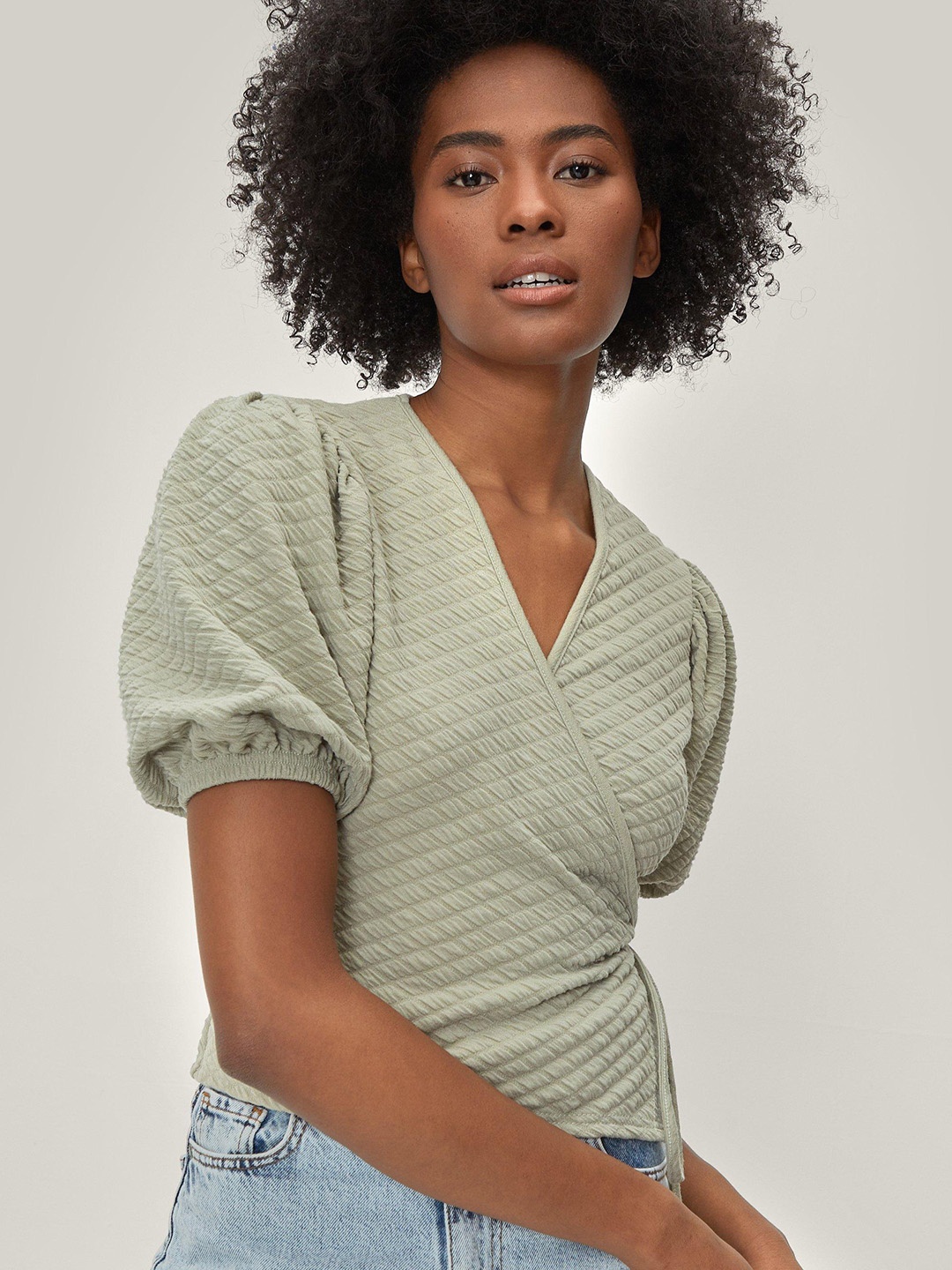 

NASTY GAL Geometric Design Wrap Top, Green
