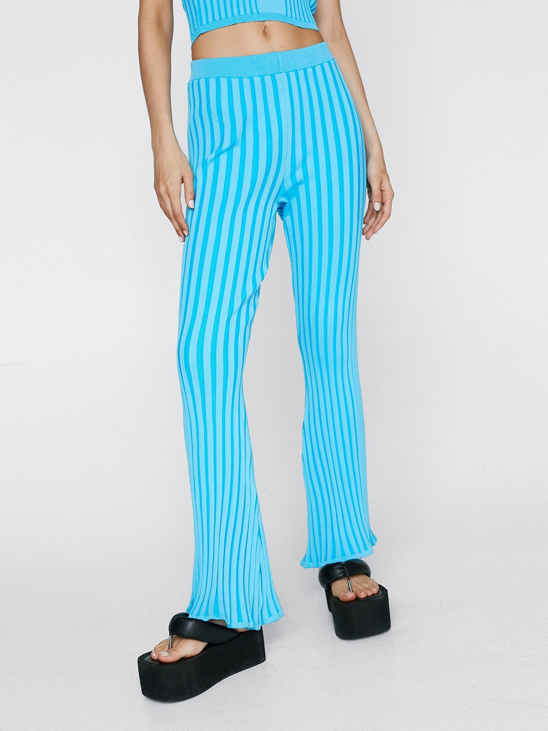 

NASTY GAL Women Ribbed Flared Trousers, Blue
