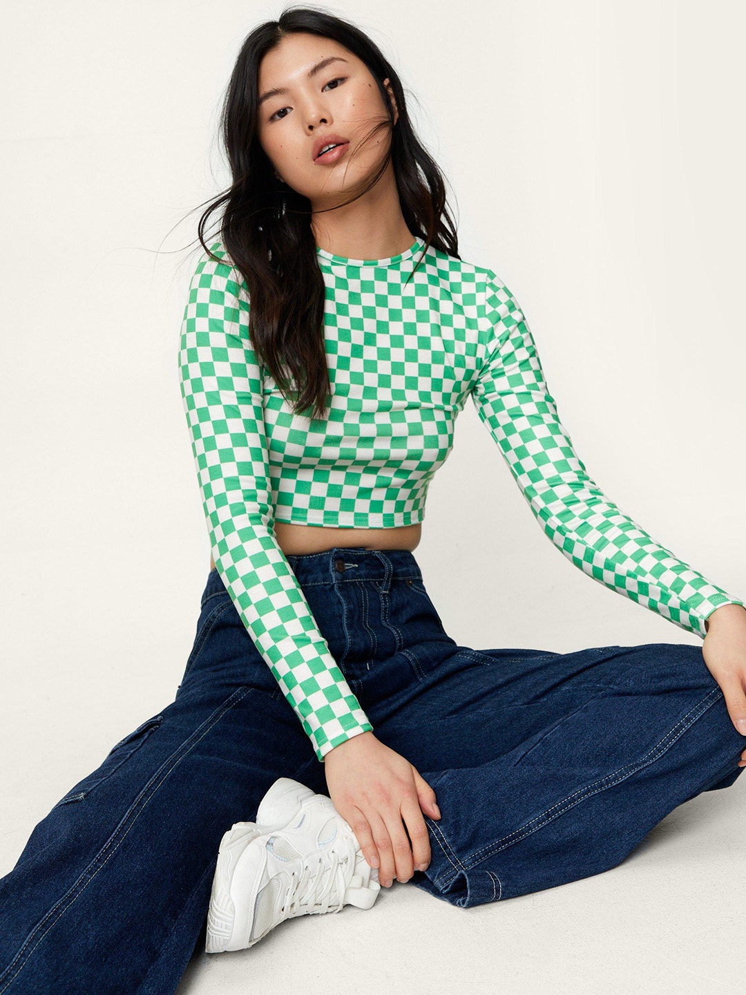 

NASTY GAL Cotton Checked Crop Top, White